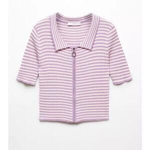 MANGO Purple Striped Zip Up Polo Shirt Short Sleeved Ribbed Knit - Large